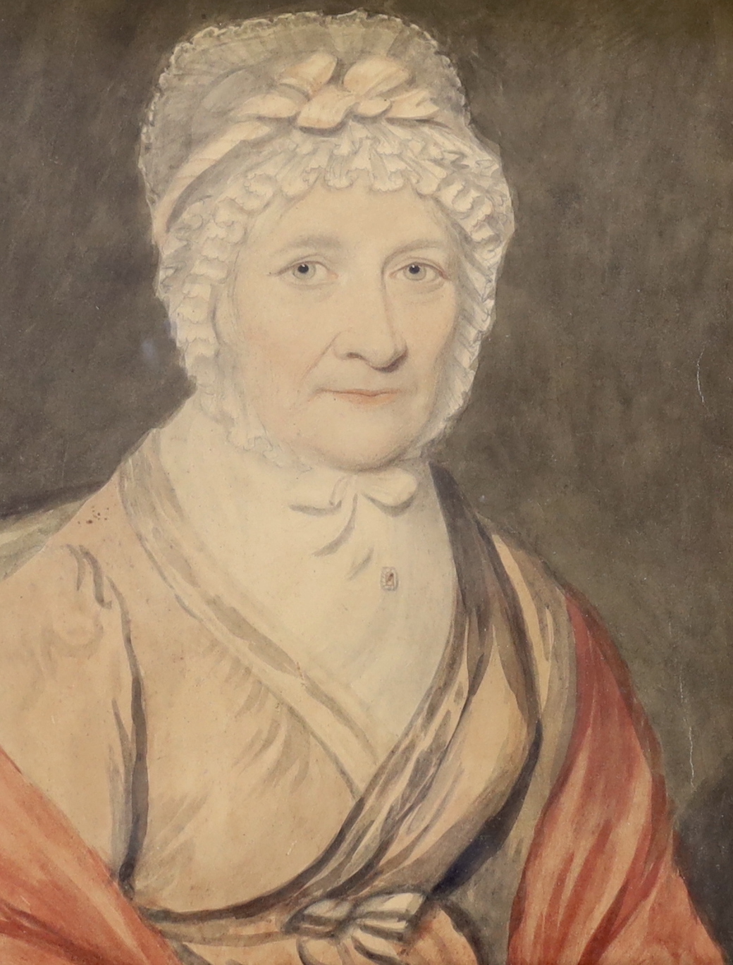 Late 18th century English School, watercolour, Portrait of Mrs Leighton of Abbeytheine (1731-1817), inscribed verso, 24 x 19cm, ornate gilt frame